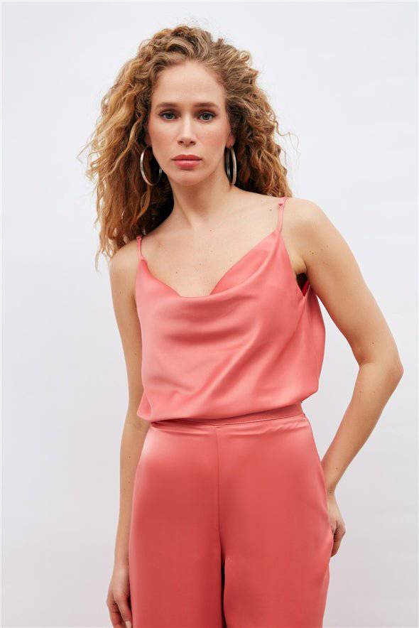 Plunging Neck Satin Cami - Coral - Image 6