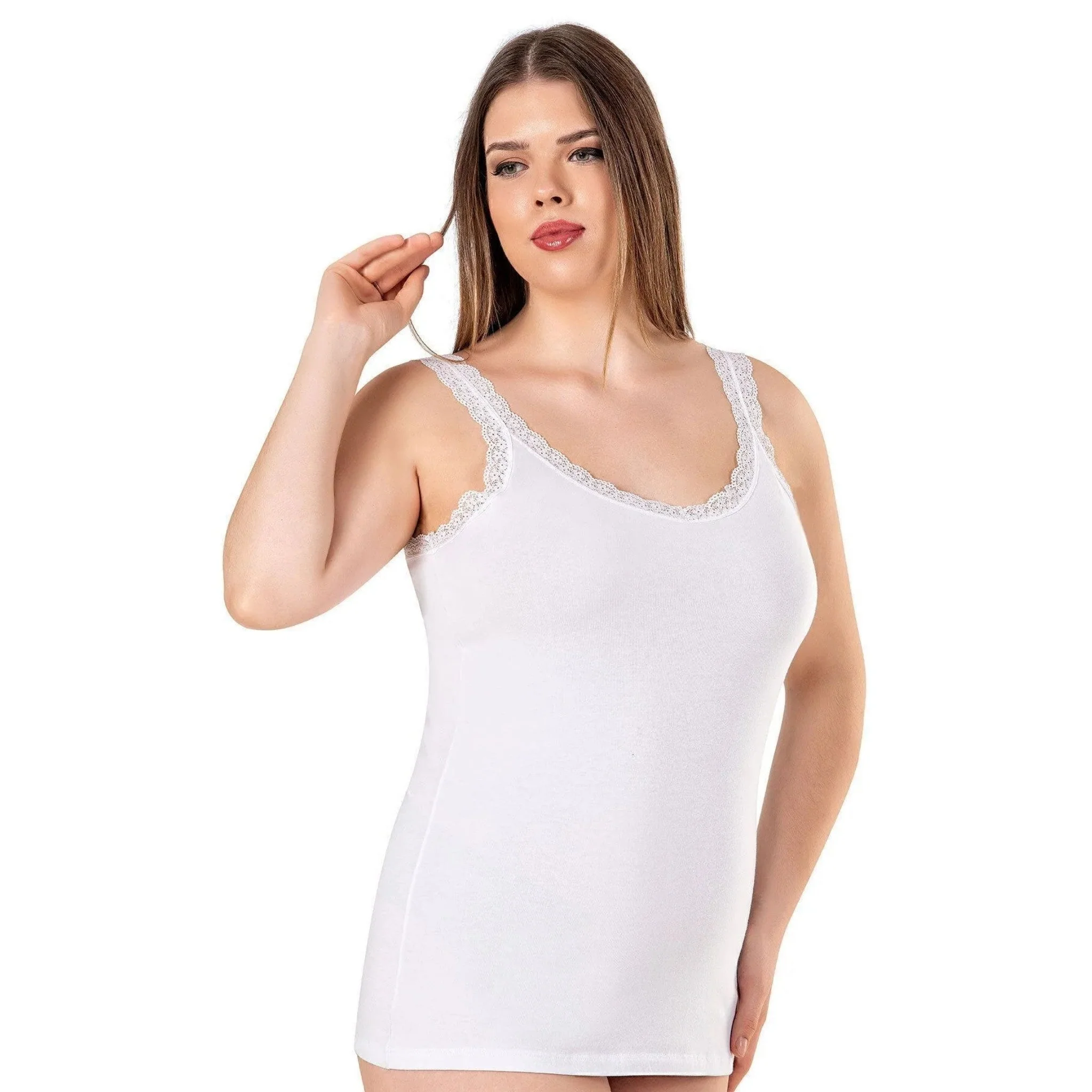 Plus Size Cotton Camisole with Lace Trim and Scoop Neck - Image 2