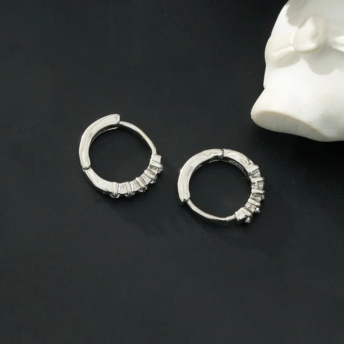 PORTREE: Zirconia Encased Classic Mini Hoop in Silver Toned White Gold - Image 5