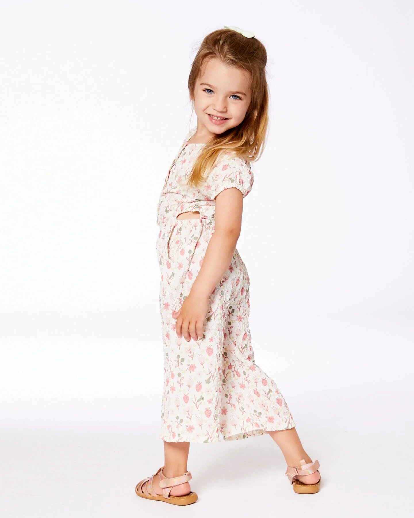 Printed Seersucker Jumpsuit With Cut Outs Pink Flowers On Cream Background - Image 4