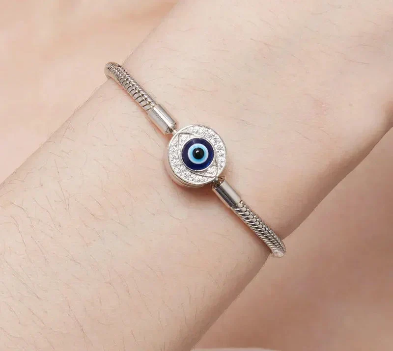 Sterling Silver Evil Eye Charm Bracelet with CZ – Snake Chain - Image 2