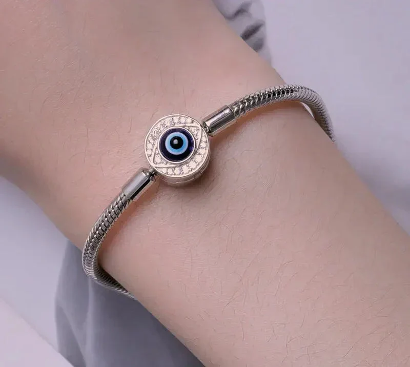 Sterling Silver Evil Eye Charm Bracelet with CZ – Snake Chain - Image 3