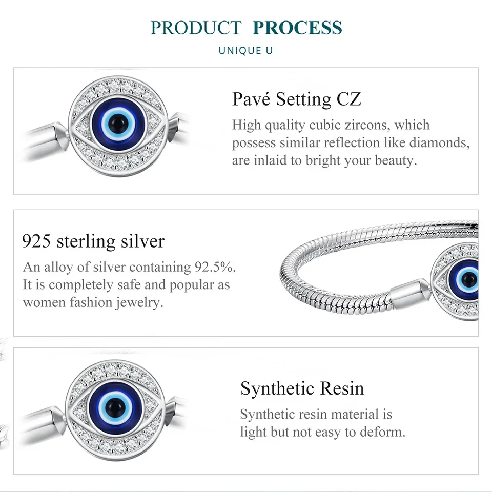 Sterling Silver Evil Eye Charm Bracelet with CZ – Snake Chain - Image 4