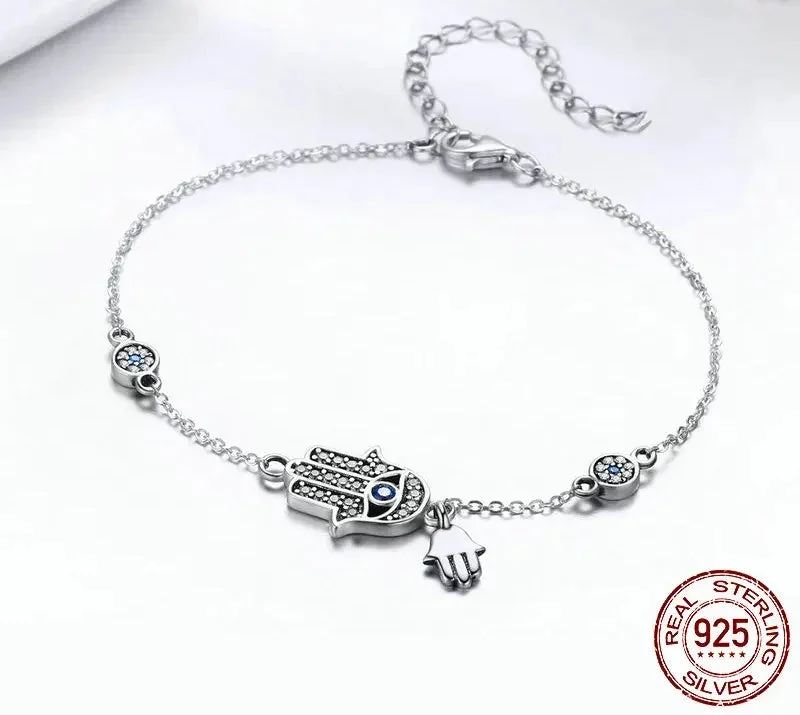 Sterling Silver Blue Evil Eye Charm Bracelet – Lobster Clasp - Image 2