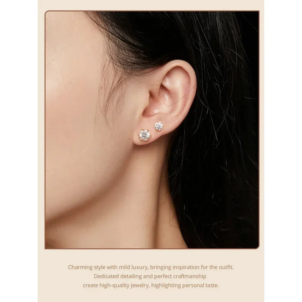 Radiant Moissanite Stud Earrings | D Color Round Cut 925 Silver, Gold Plated - Image 3