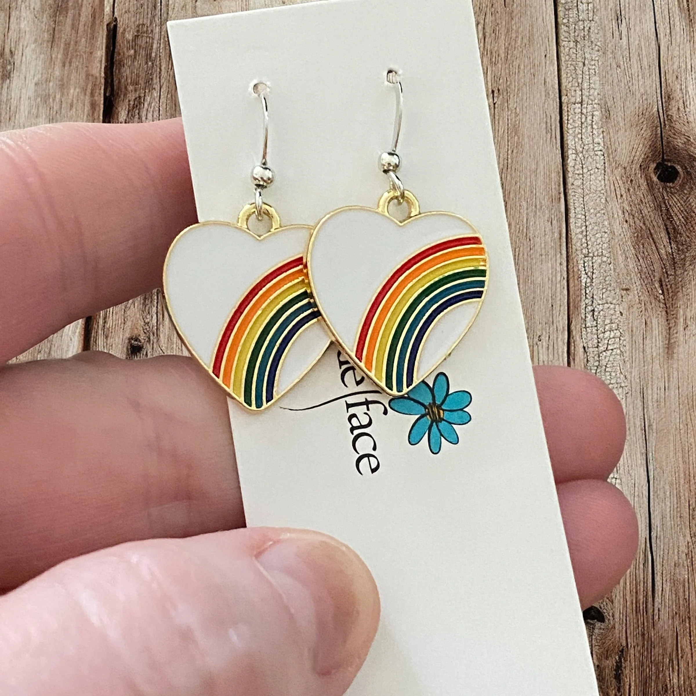 Rainbow Heart Hook Earrings – White Enamel & Multicolor Rainbow - Image 2