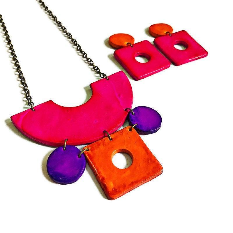 Retro Jewelry Set | Chunky Statement Necklace & Earrings in Neon Pink, Purple & Orange - Image 11