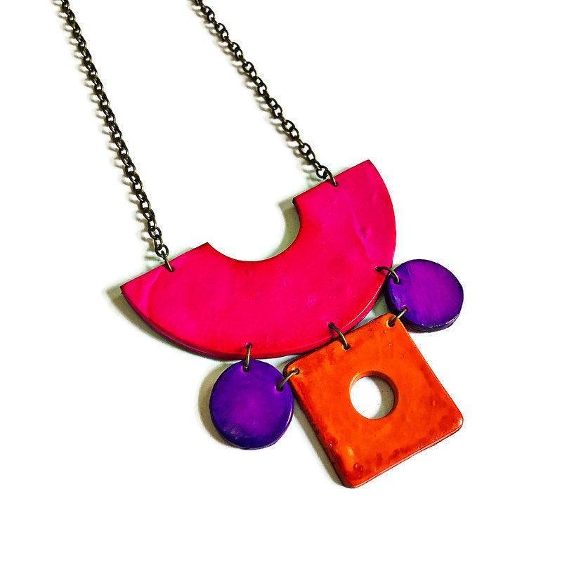 Retro Jewelry Set | Chunky Statement Necklace & Earrings in Neon Pink, Purple & Orange - Image 2