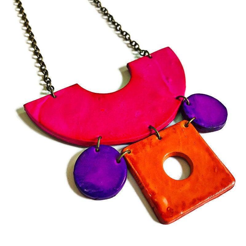 Retro Jewelry Set | Chunky Statement Necklace & Earrings in Neon Pink, Purple & Orange - Image 3