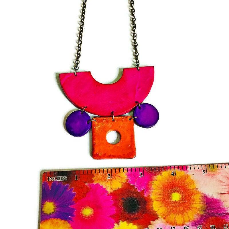 Retro Jewelry Set | Chunky Statement Necklace & Earrings in Neon Pink, Purple & Orange - Image 4