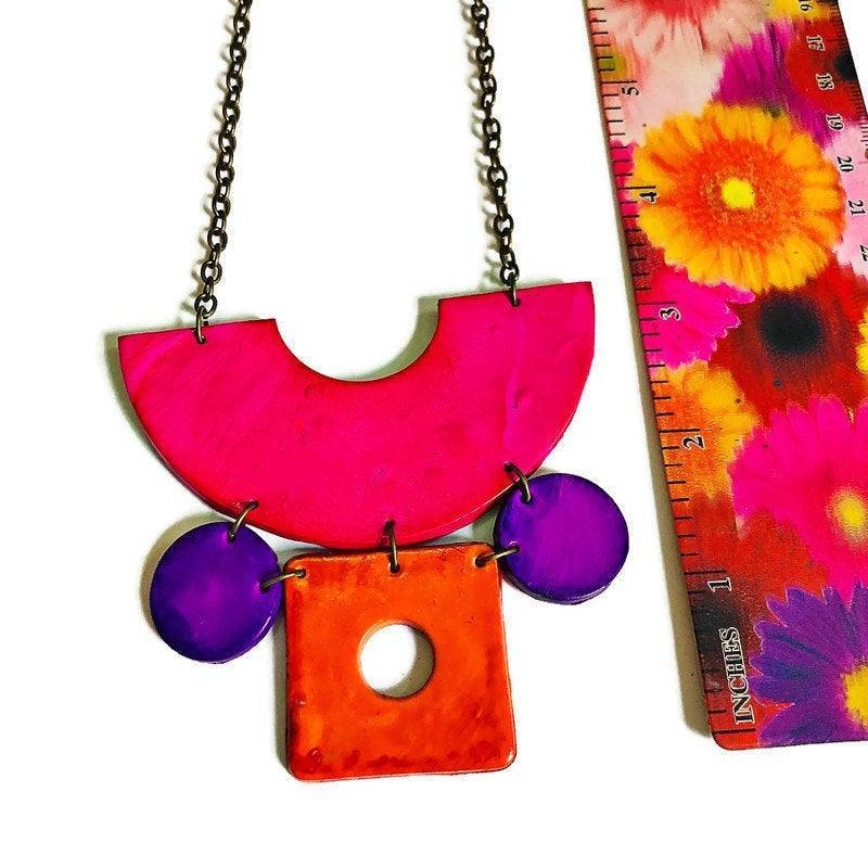 Retro Jewelry Set | Chunky Statement Necklace & Earrings in Neon Pink, Purple & Orange - Image 5