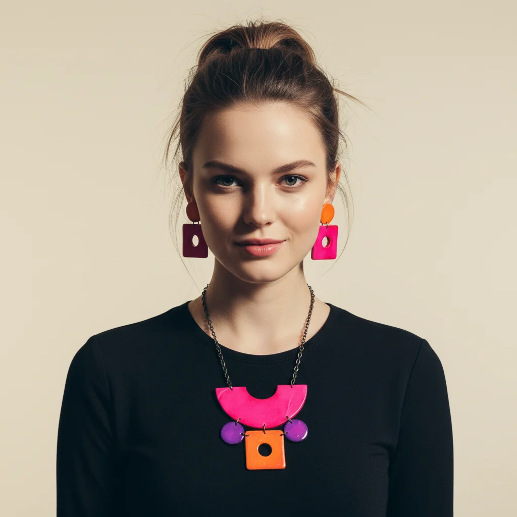 Retro Jewelry Set | Chunky Statement Necklace & Earrings in Neon Pink, Purple & Orange - Image 7
