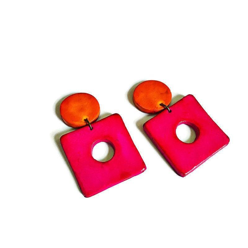 Retro Jewelry Set | Chunky Statement Necklace & Earrings in Neon Pink, Purple & Orange - Image 8