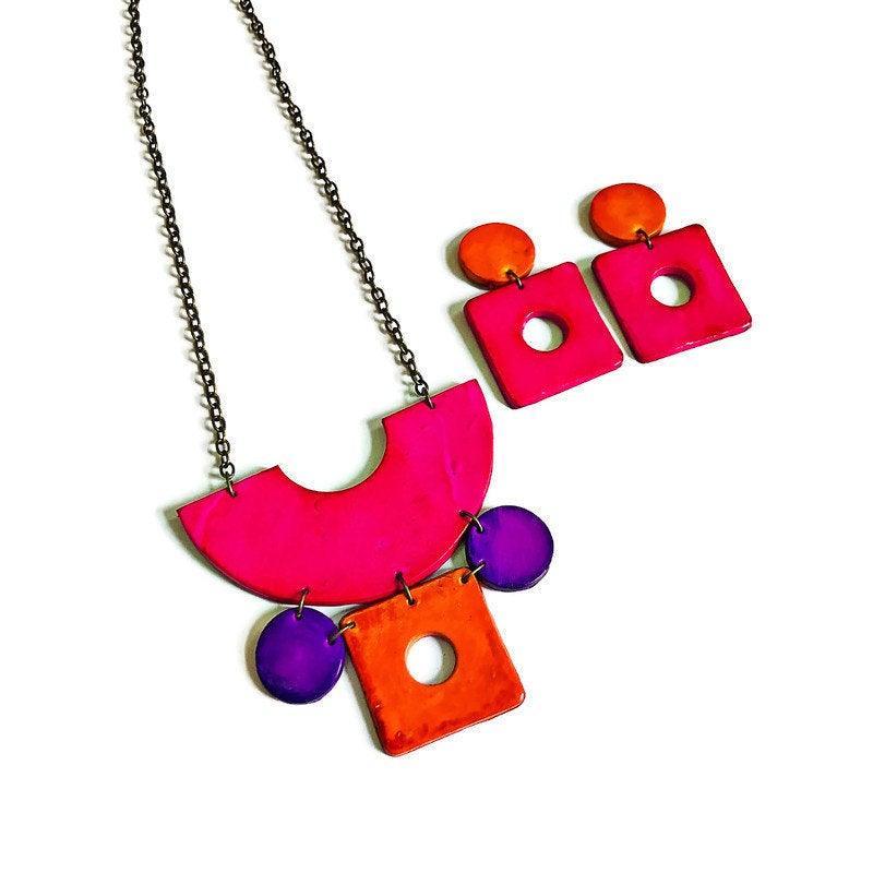 Retro Statement Necklace | Geometric Bib Necklace in Neon Pink, Purple & Orange - Image 6