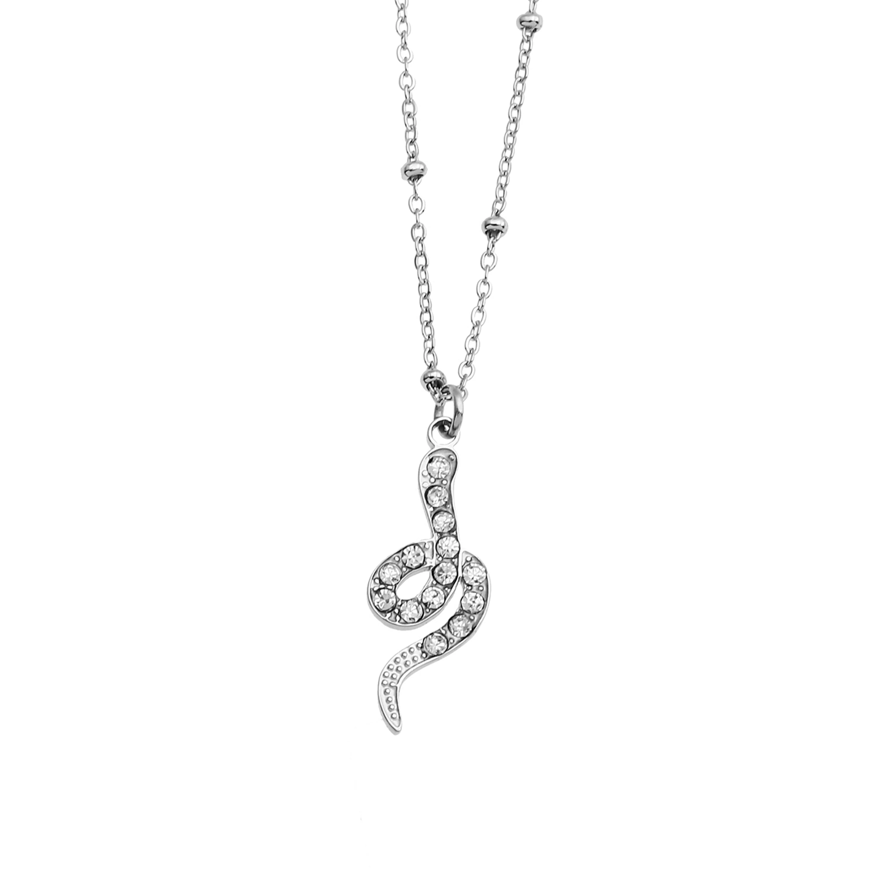 RIHANNA Beaded Chain Necklace with a Pavé Zirconia Serpent Pendant in Silver - Image 3