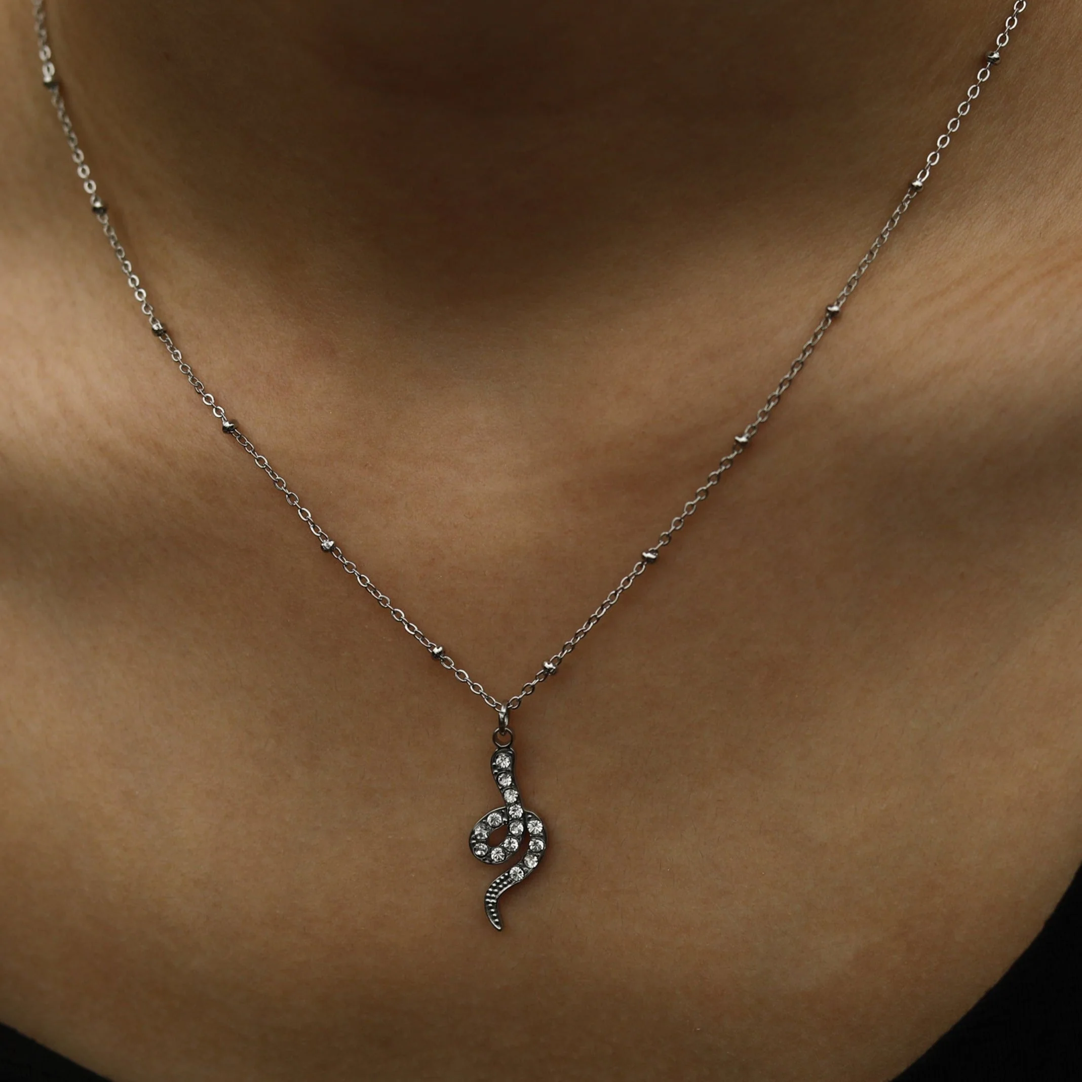 RIHANNA Beaded Chain Necklace with a Pavé Zirconia Serpent Pendant in Silver - Image 4