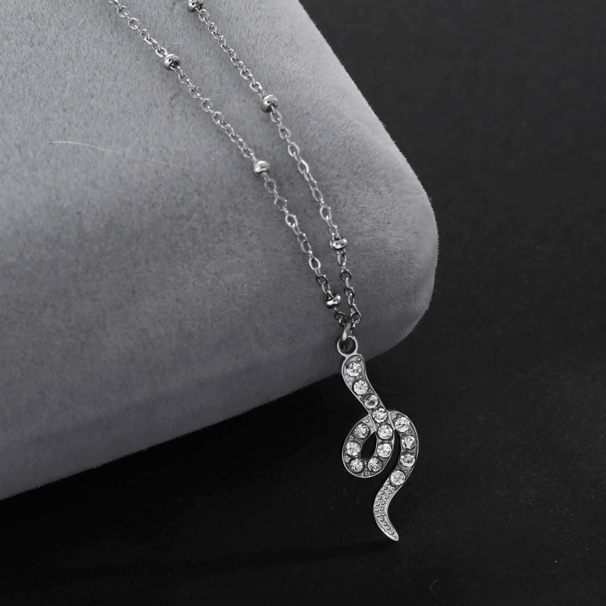 RIHANNA Beaded Chain Necklace with a Pavé Zirconia Serpent Pendant in Silver - Image 5