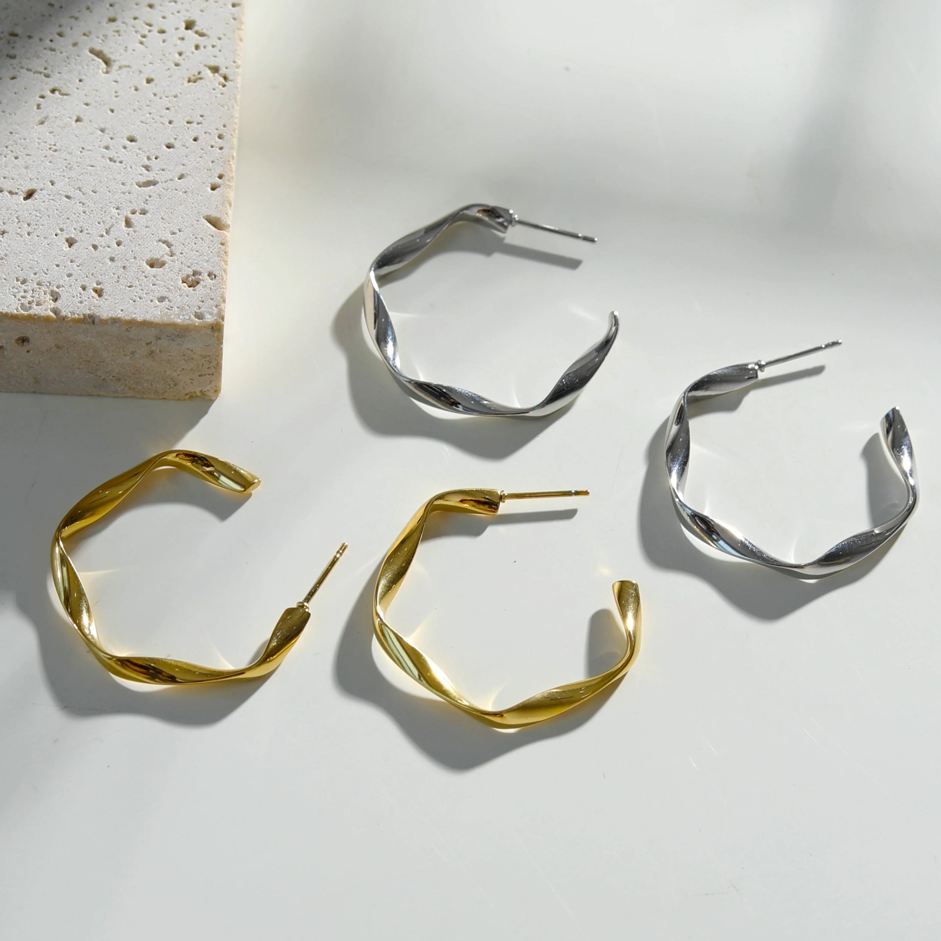 RIMINI Silver (White Gold): Sculpted Twist Hoop Earrings - Image 6