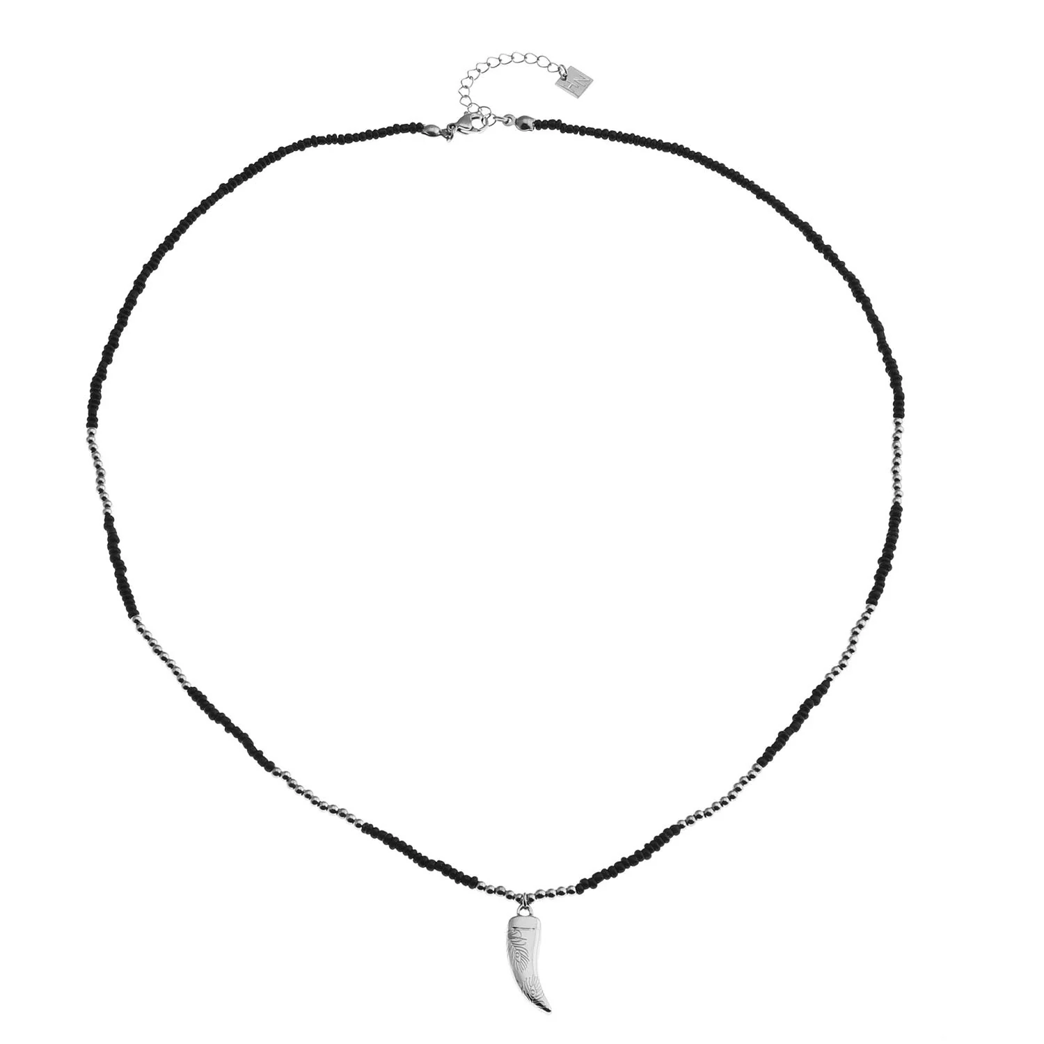 RITA Black & Silver Beaded Chain Necklace with Etched Silver Tooth Pendant - Image 3