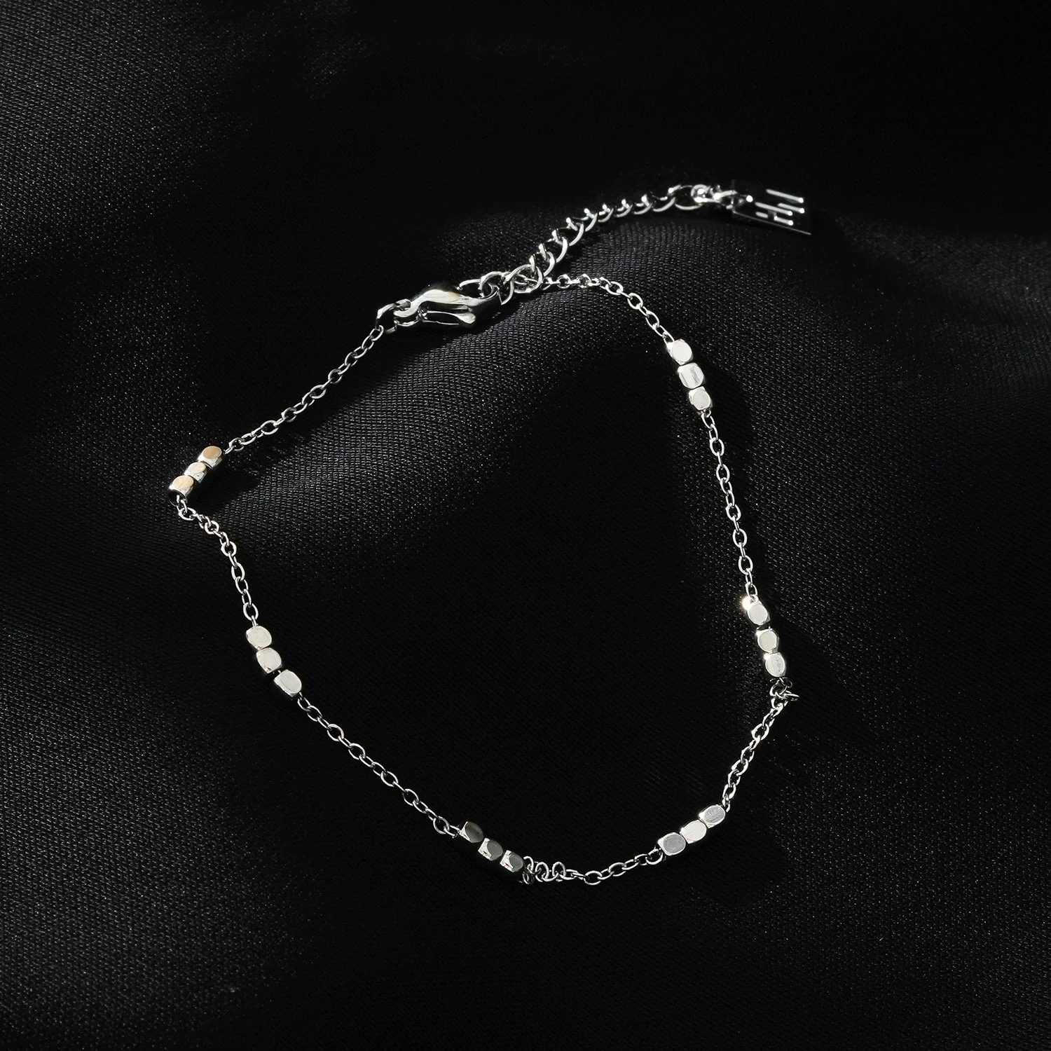 RITIKA: Tiny Square-Beads Dainty Chain Bracelet in White Gold (Silver Toned) - Image 2