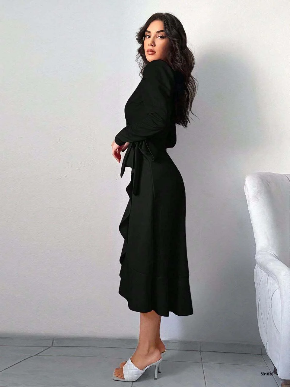 Ruffle Midi Long Sleeve Dress - Black - Image 2