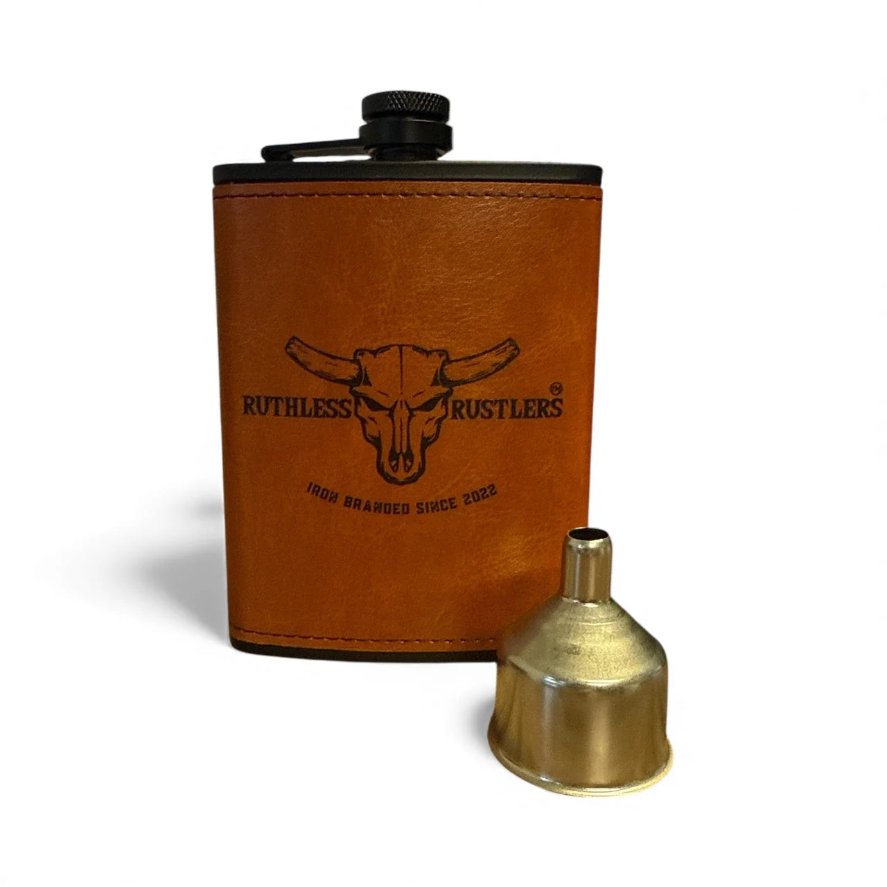 Ruthless Rustlers Iron Branded Hip Flask Set | Brown - Image 3