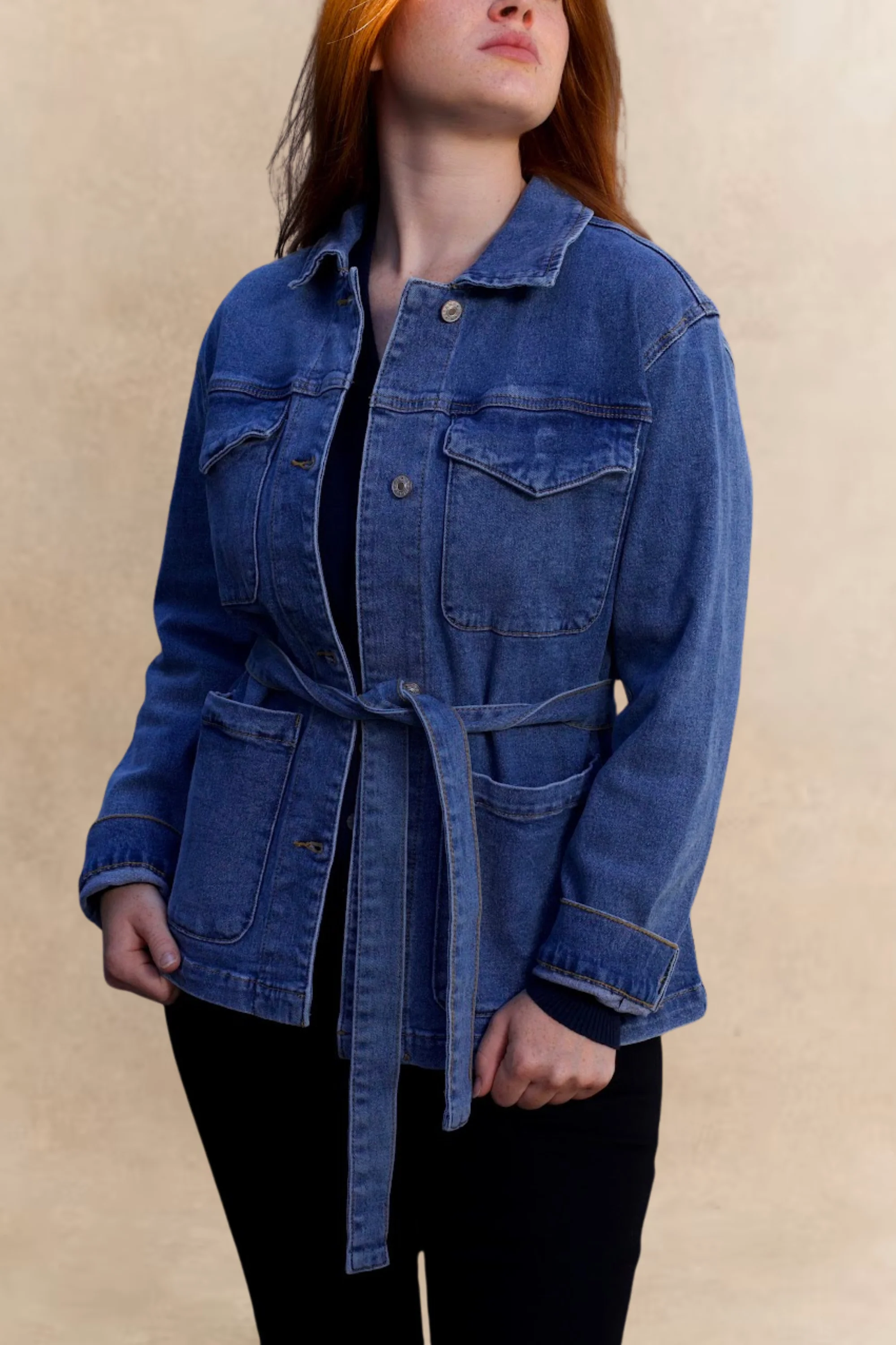 Sabrina Women's Belted Jean Jacquard Jacket With Pockets