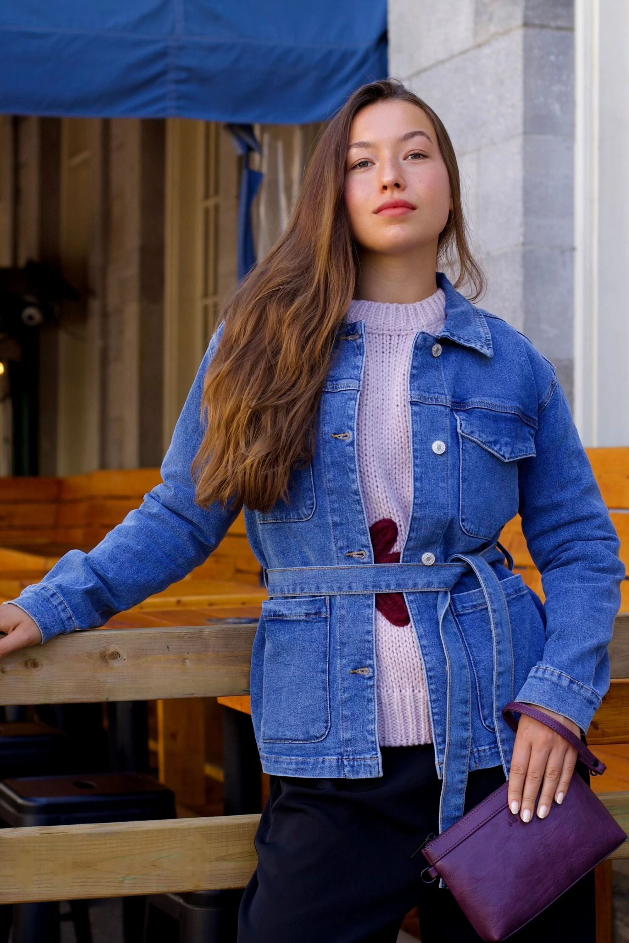 Sabrina Women's Belted Jean Jacquard Jacket With Pockets - Image 2