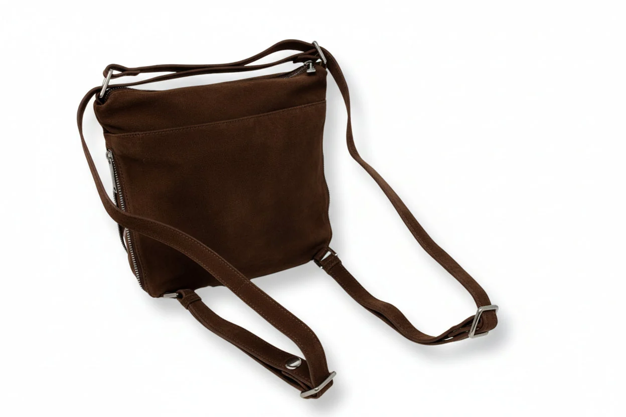 Sac à dos en suède brun, transformable, Josée - Image 5