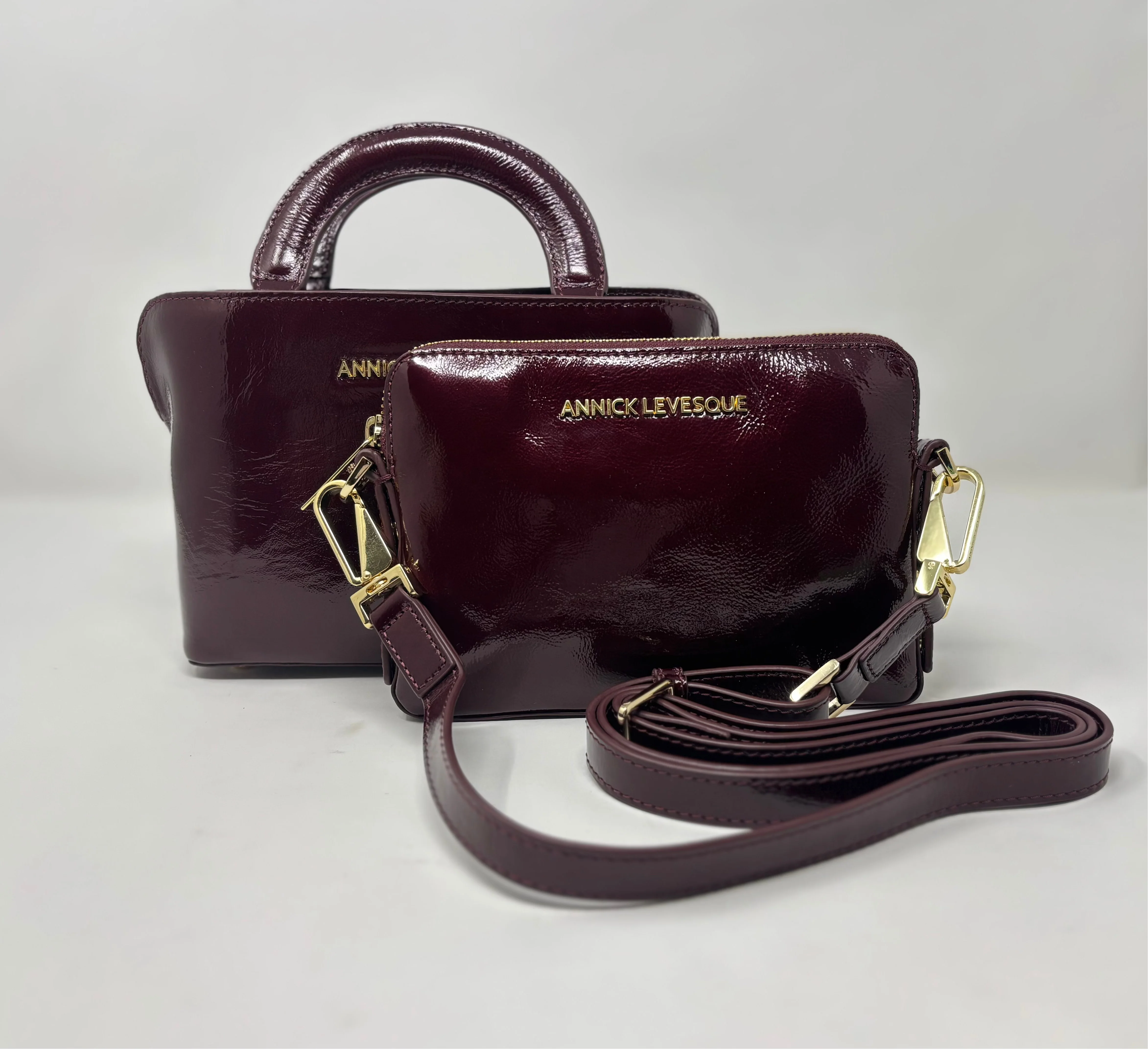 Sac à main en cuir, deux en un, rouge bordeaux vernis | Clarence - Image 6
