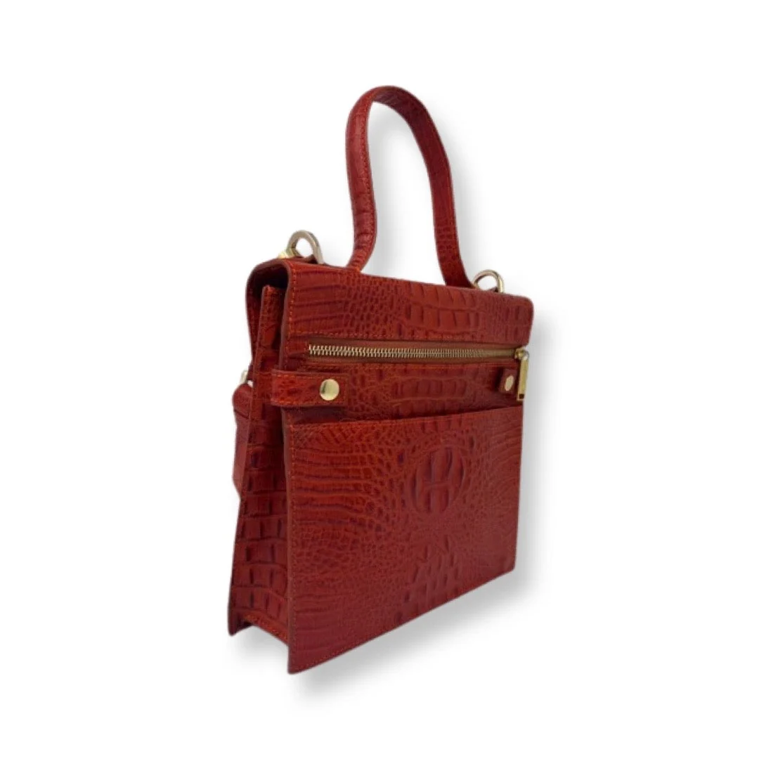 Sac à main en cuir véritable Roxanne, Rouge embossé croco - Image 4