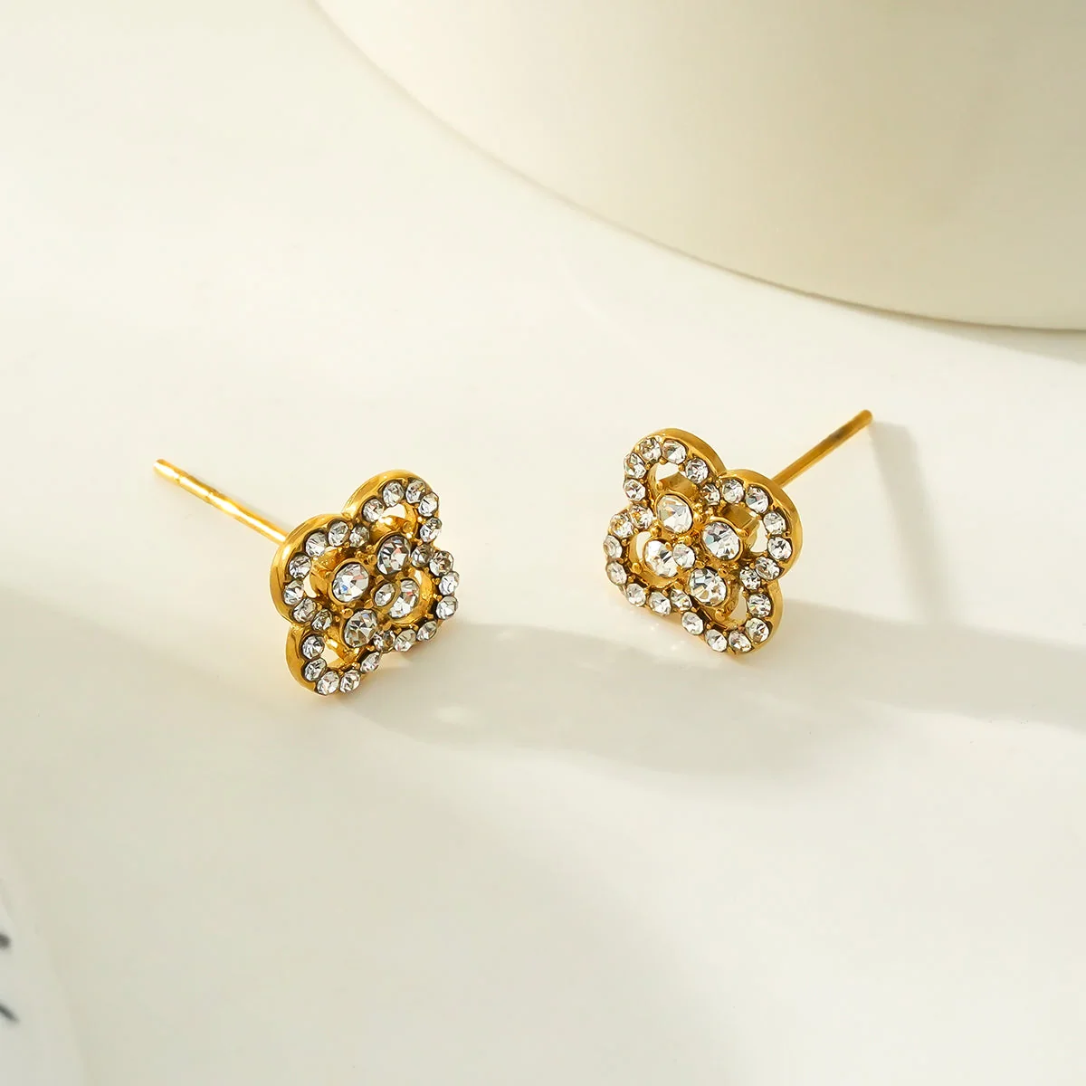 SANIBELL Gold: Clover Shaped Pavé Zirconia Stud Earrings - Image 8