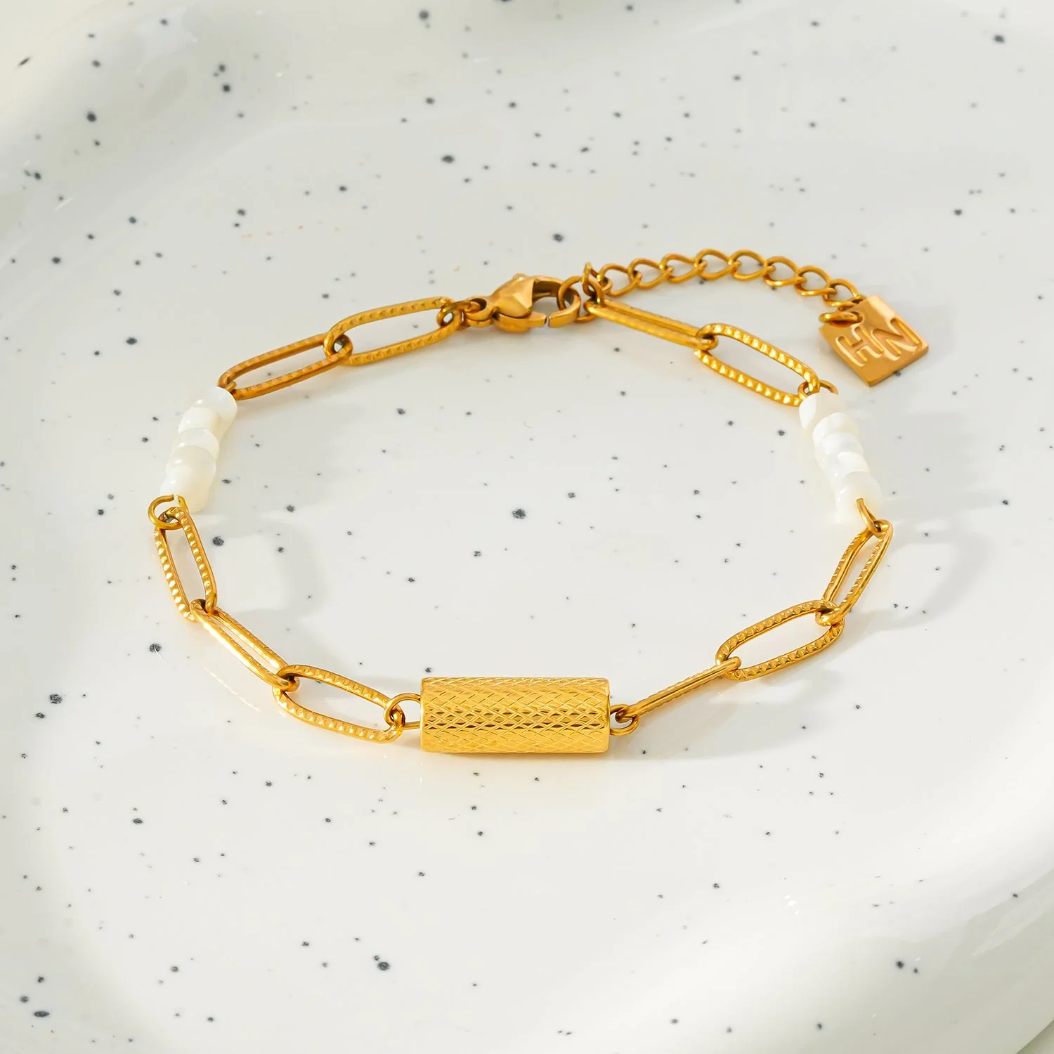 SEDONA Bracelet: Natural Shell & Gold Paper-Clip Chain Combination with an Art Deco Pendent - Image 2