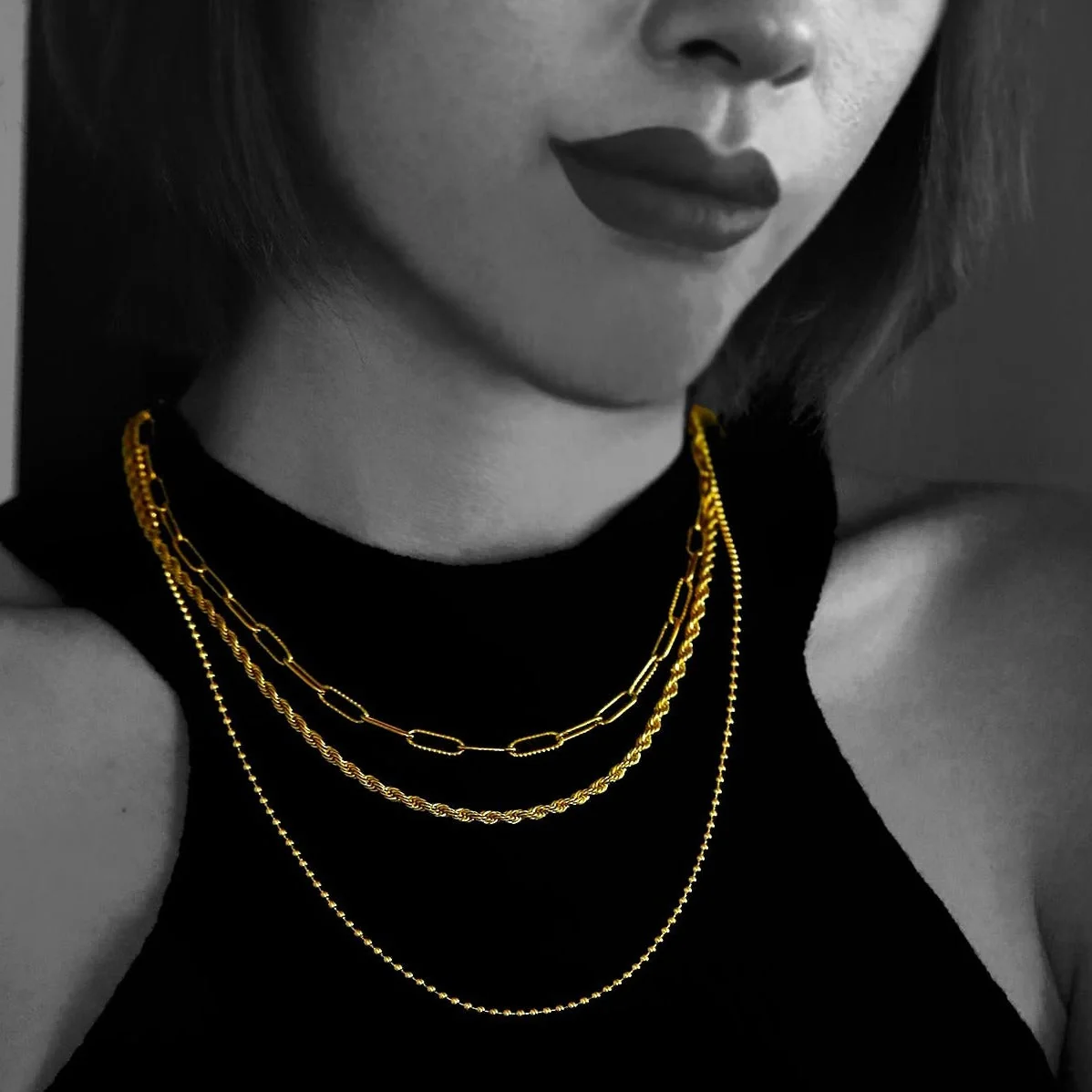 SELENE: Triple Layer Mixed Chain Gold Necklace - Image 3