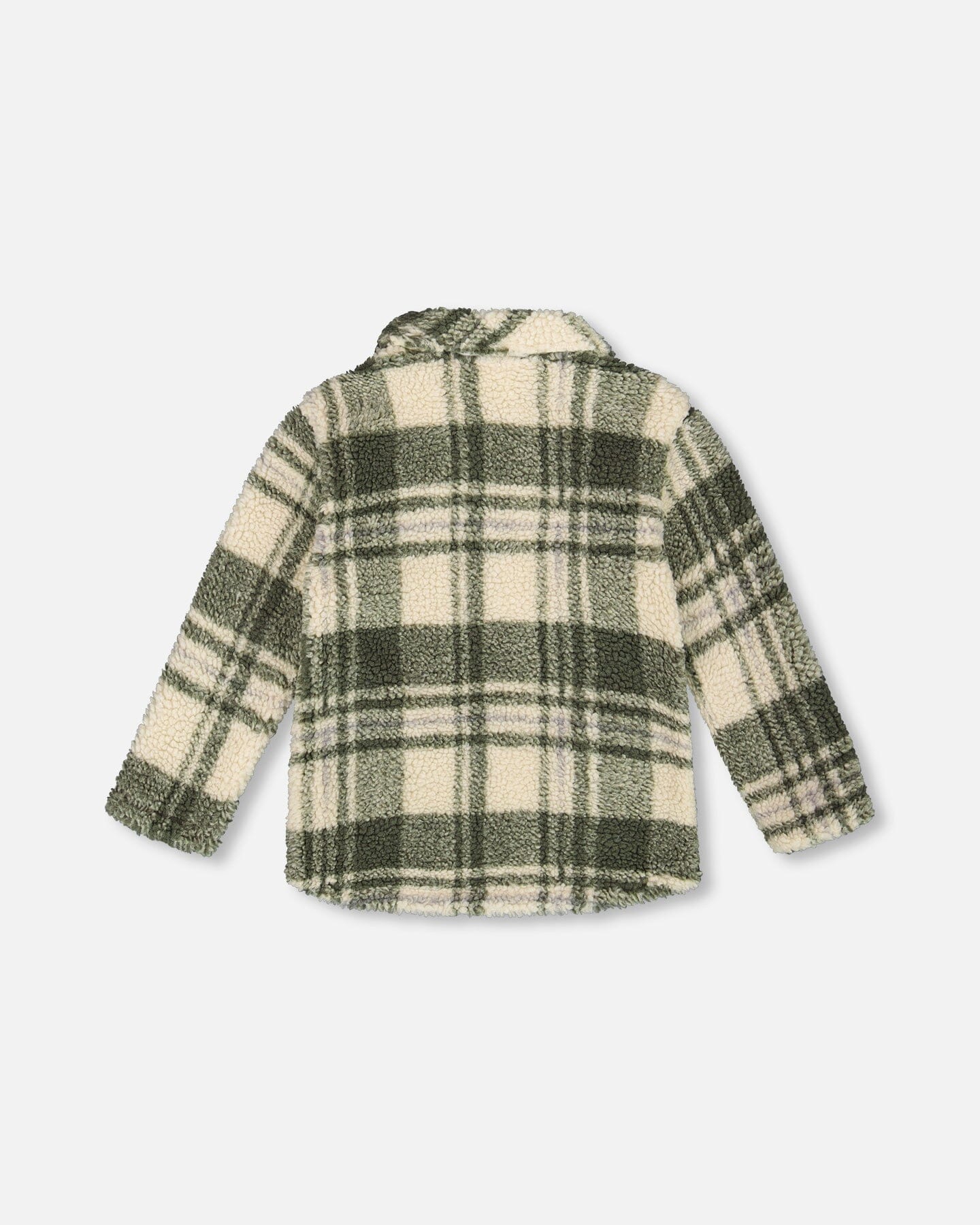 Sherpa Long Sleeve Zip Front Overshirt Sage And Beige Plaid - Image 4
