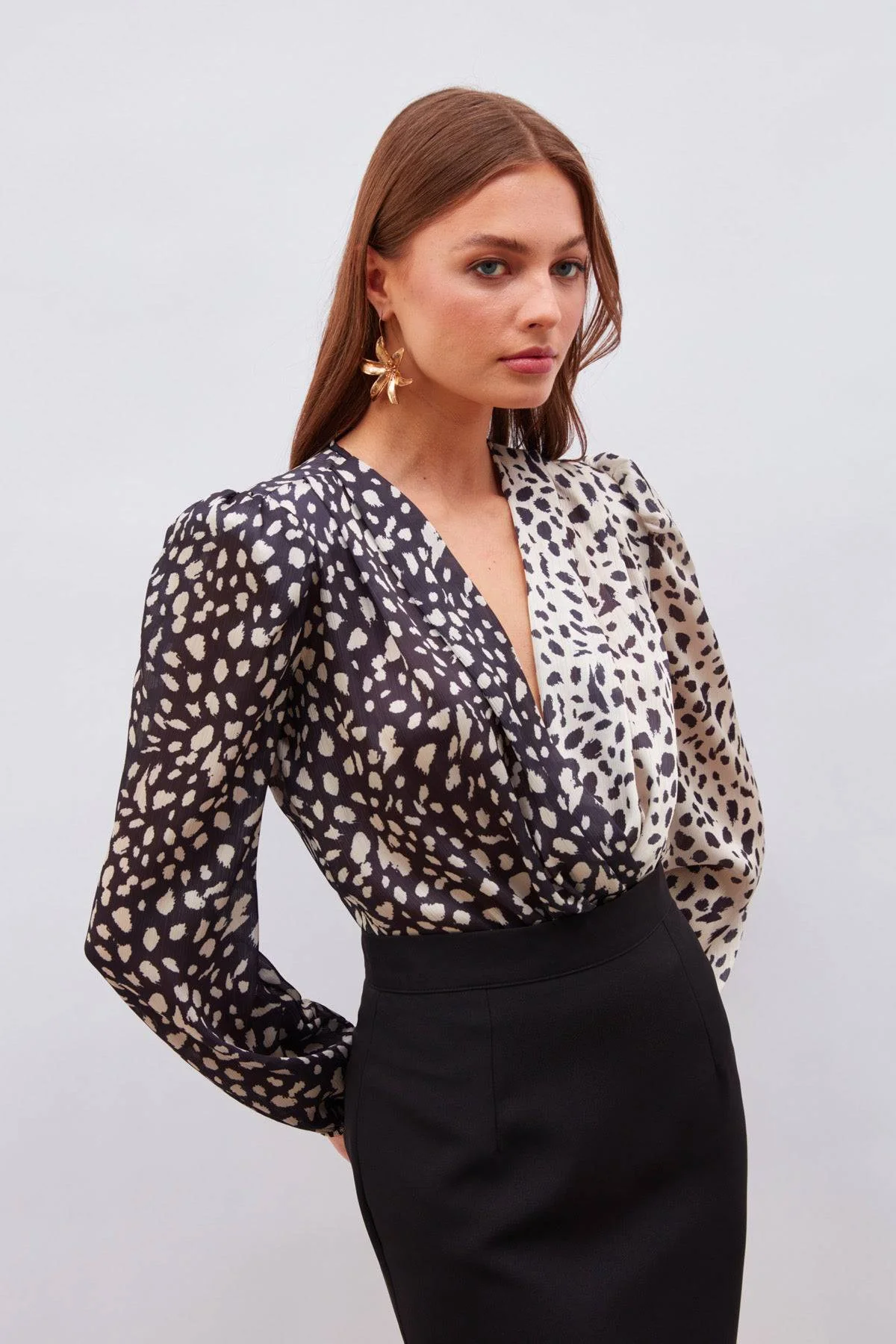 Silk Double-Breasted Patterned Bodysuit - Black and White - Image 3