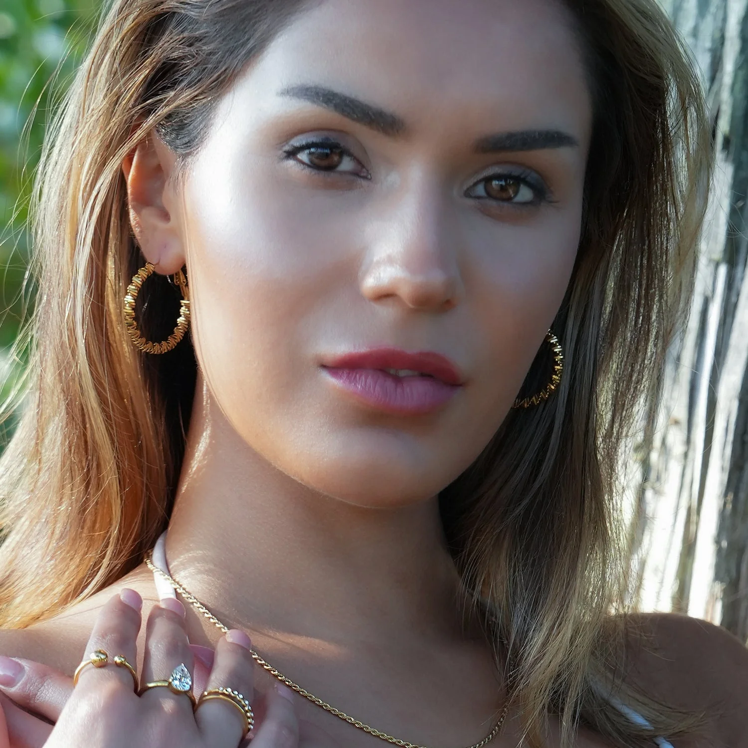 SPRINGDALE Gold: Textured Geometric Square Beaded Hoop Earrings - Image 8