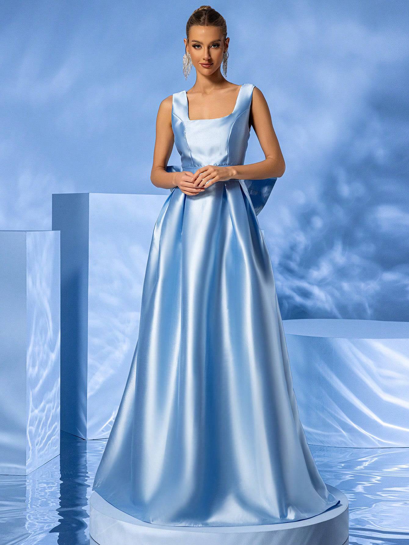 Square Neck Taffeta Puffy Pleated Maxi Dress With a Big Bow - Baby Blue - Image 2