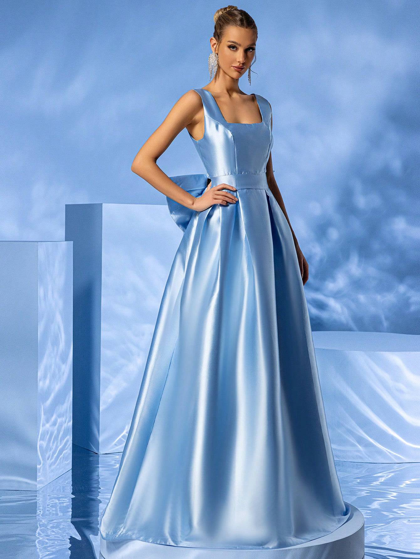 Square Neck Taffeta Puffy Pleated Maxi Dress With a Big Bow - Baby Blue - Image 5