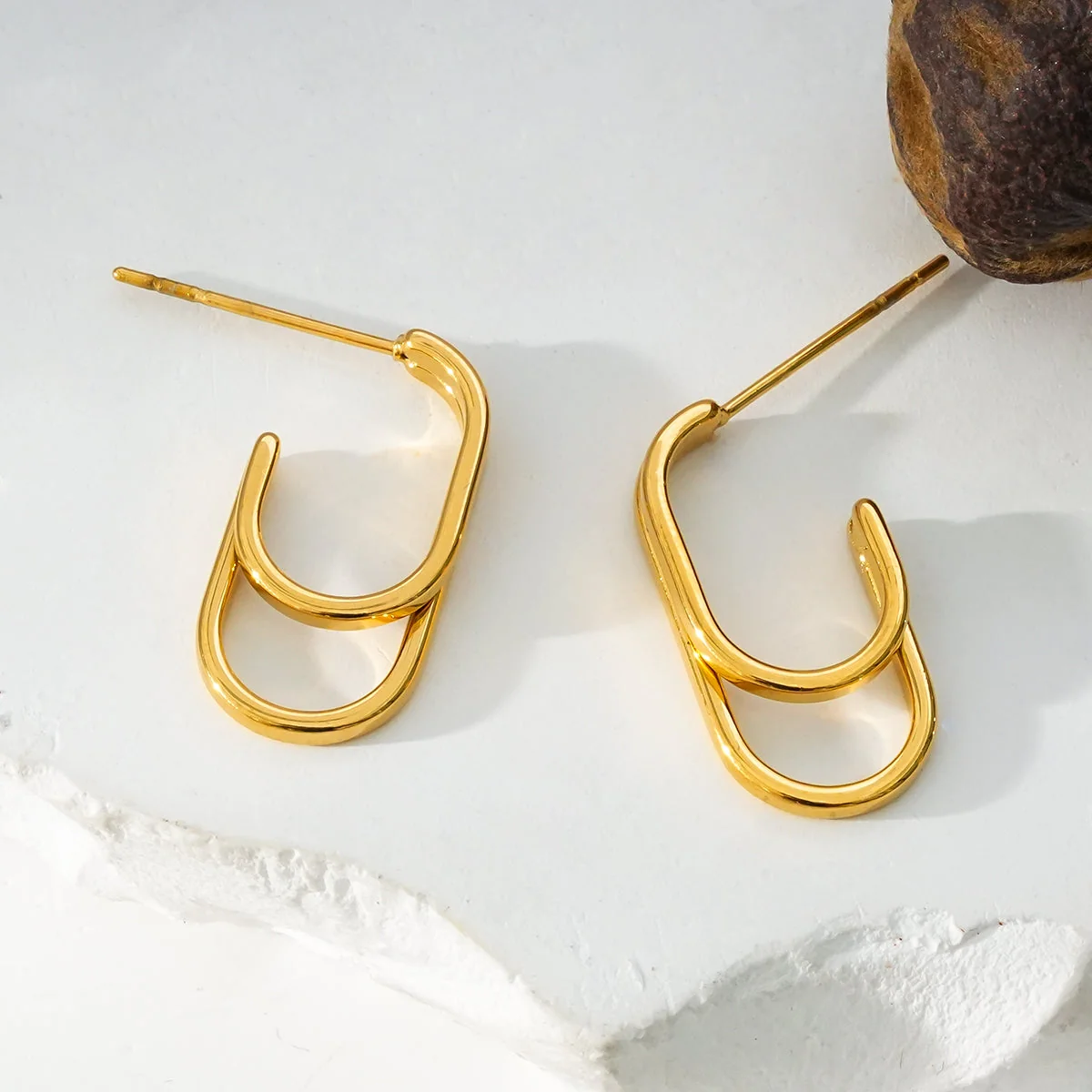 St SIMON Gold: Rounded Corners Double Rectangle Hoop Earrings - Image 2