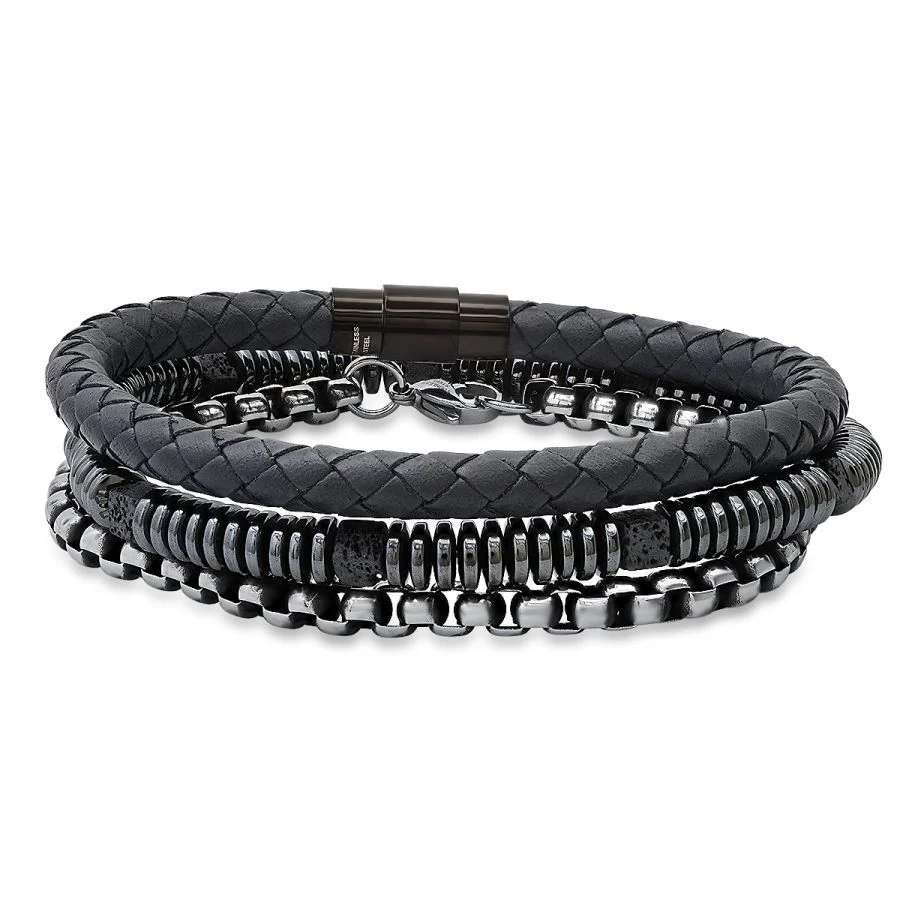 SteelTime Men's Black Leather and Stainless Steel Bracelets with Haematite and Lava Stone