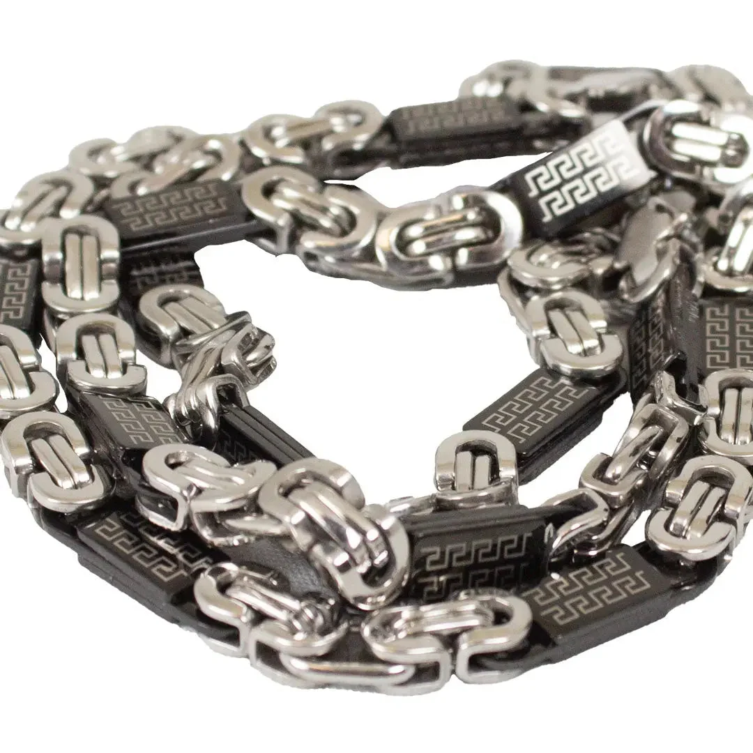 SteelTime Men's Two Tone Stainless Steel and Black IP Byzantine Necklace with Greek Key Accents - Image 2
