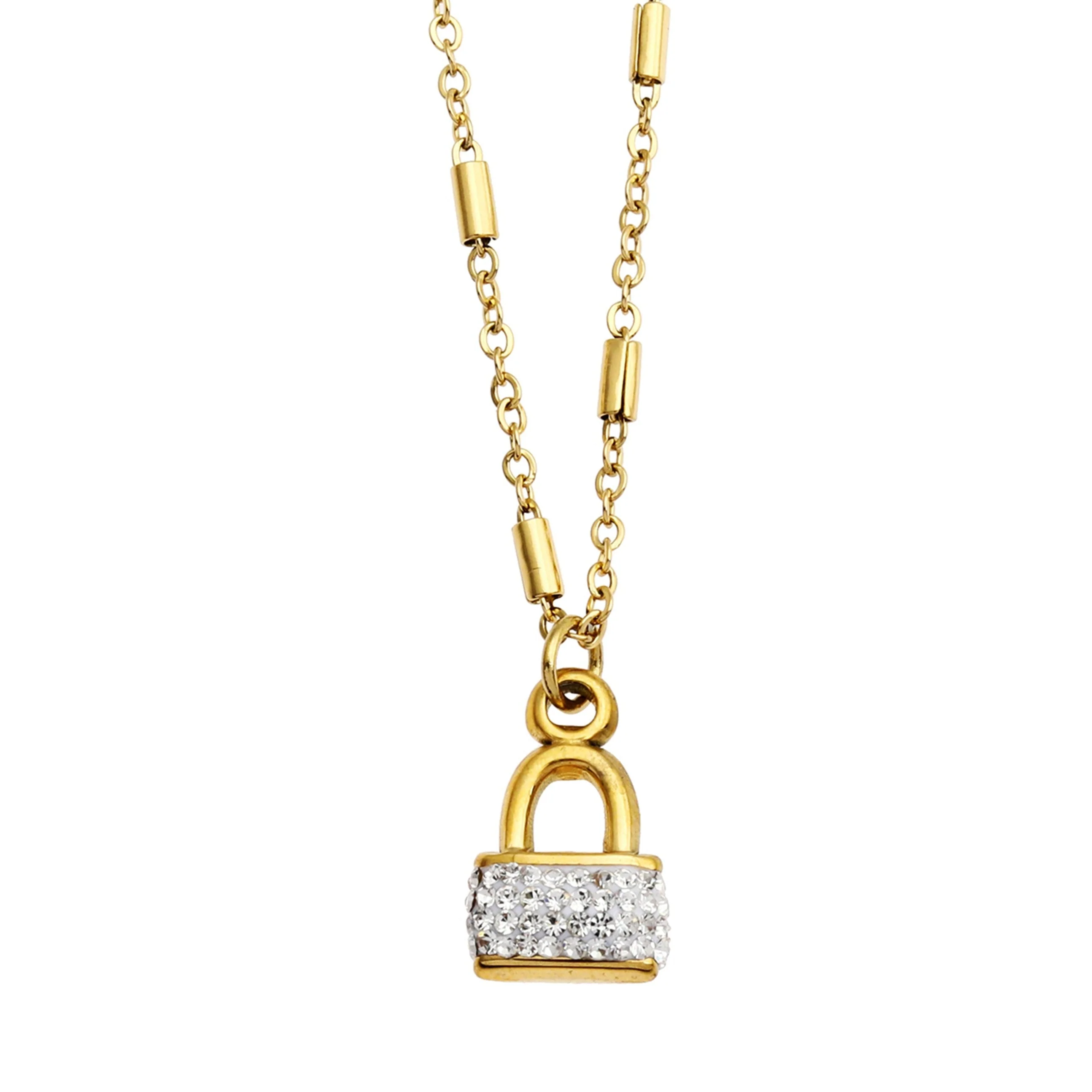 Style ABENI: Pavé Zirconia Pad Lock Pendant on a Tube Bead Chain Necklace in Gold - Image 4