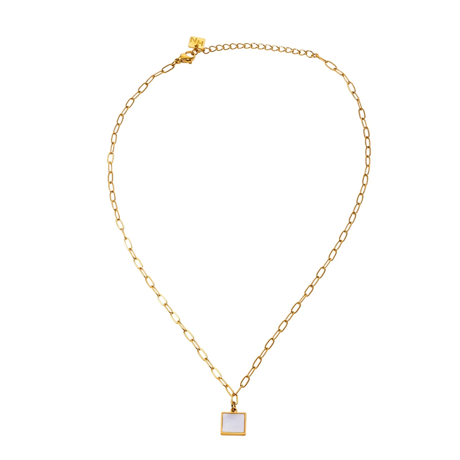 Style ANNABELLA: Minimalist Metal & Shell Square Pendant on a Paper-Clip Chain Necklace. - Image 3