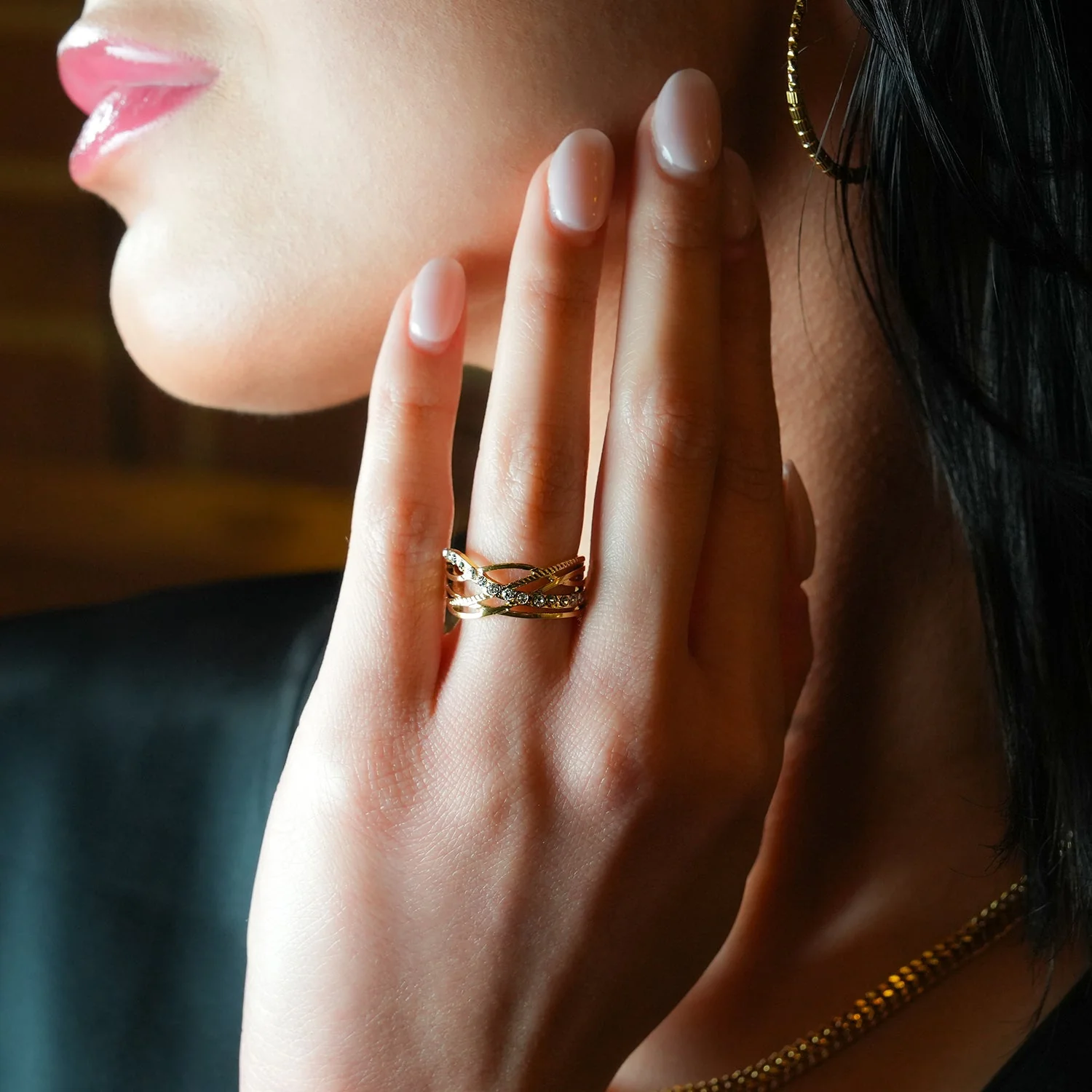 Style CORAZON: Cross Over Multi Stacked Zirconia Embedded Ring - Image 4