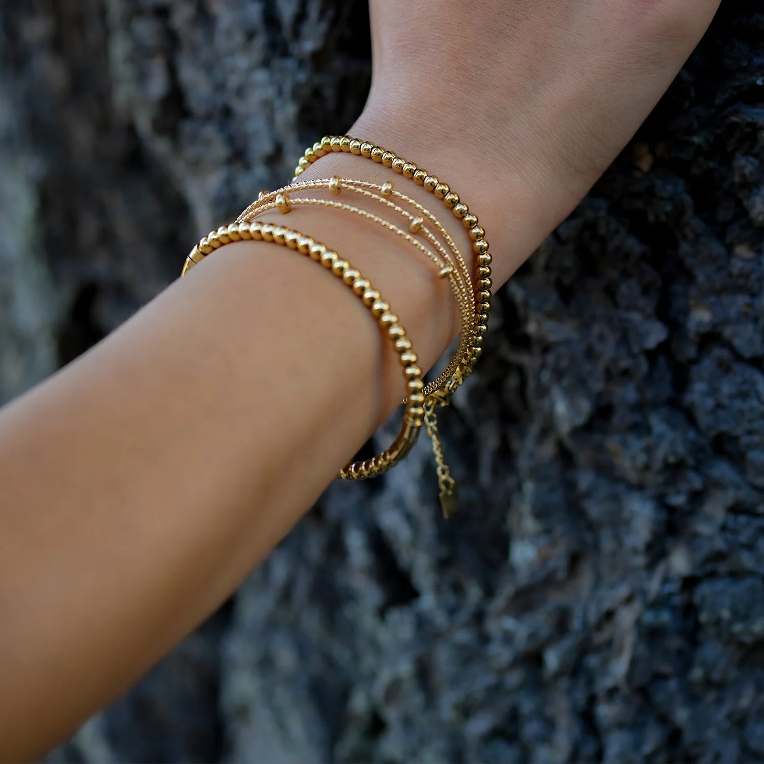 Style FARZIKA Gold: Triple Stacked Textured Beaded Bracelet - Image 6
