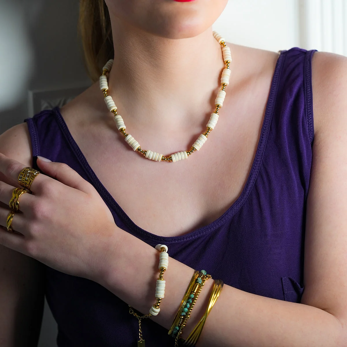 Style GODIVA: White Turquoise Stone & Gold Beaded Modern Boho Bracelet - Image 4