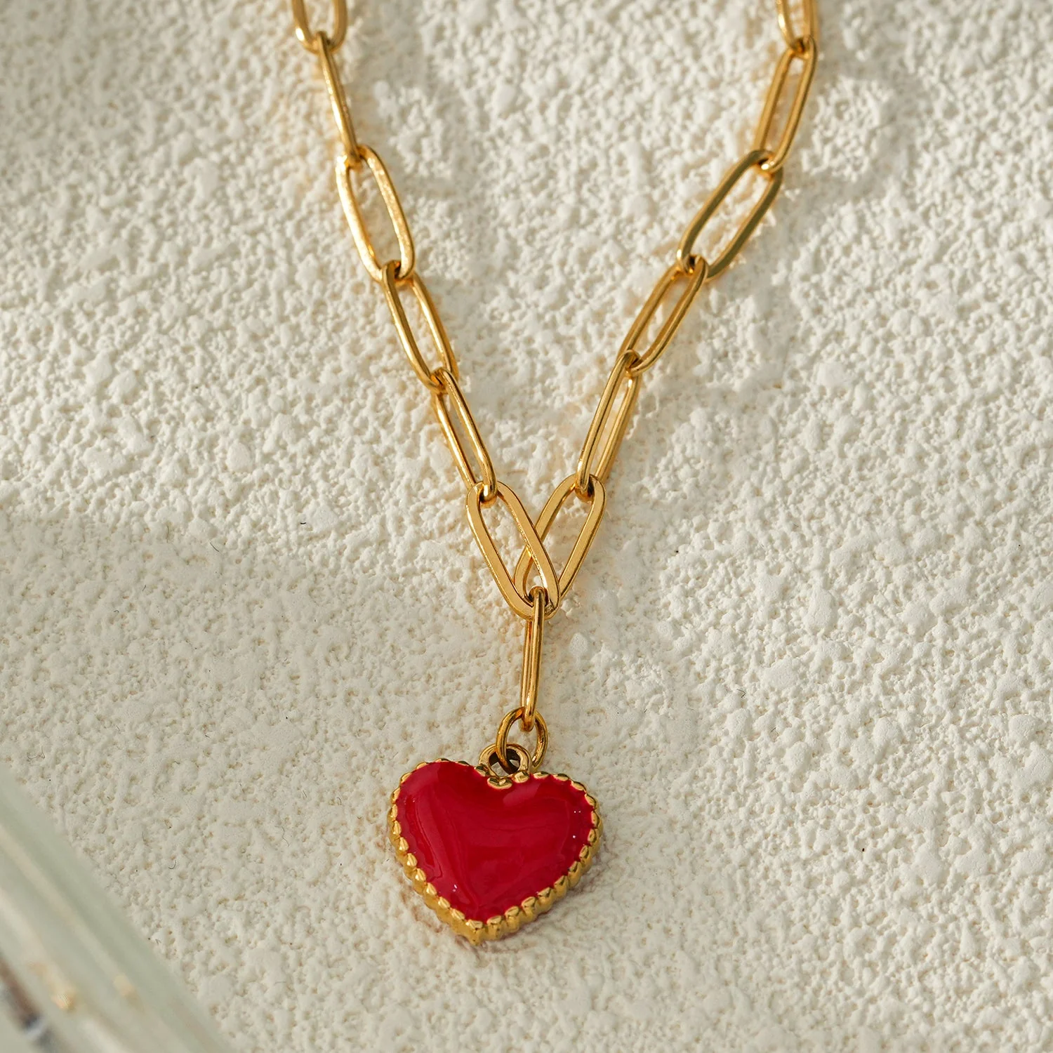 HEART ROUGE Gold: Paper Clip Chain Anchoring an Enameled Red Heart Charm - Image 3