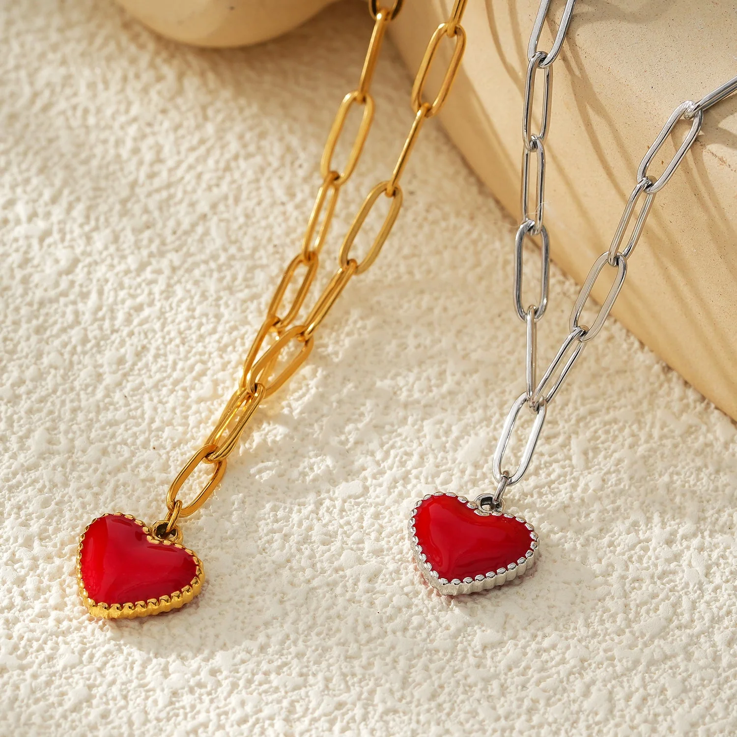 HEART ROUGE Gold: Paper Clip Chain Anchoring an Enameled Red Heart Charm - Image 5