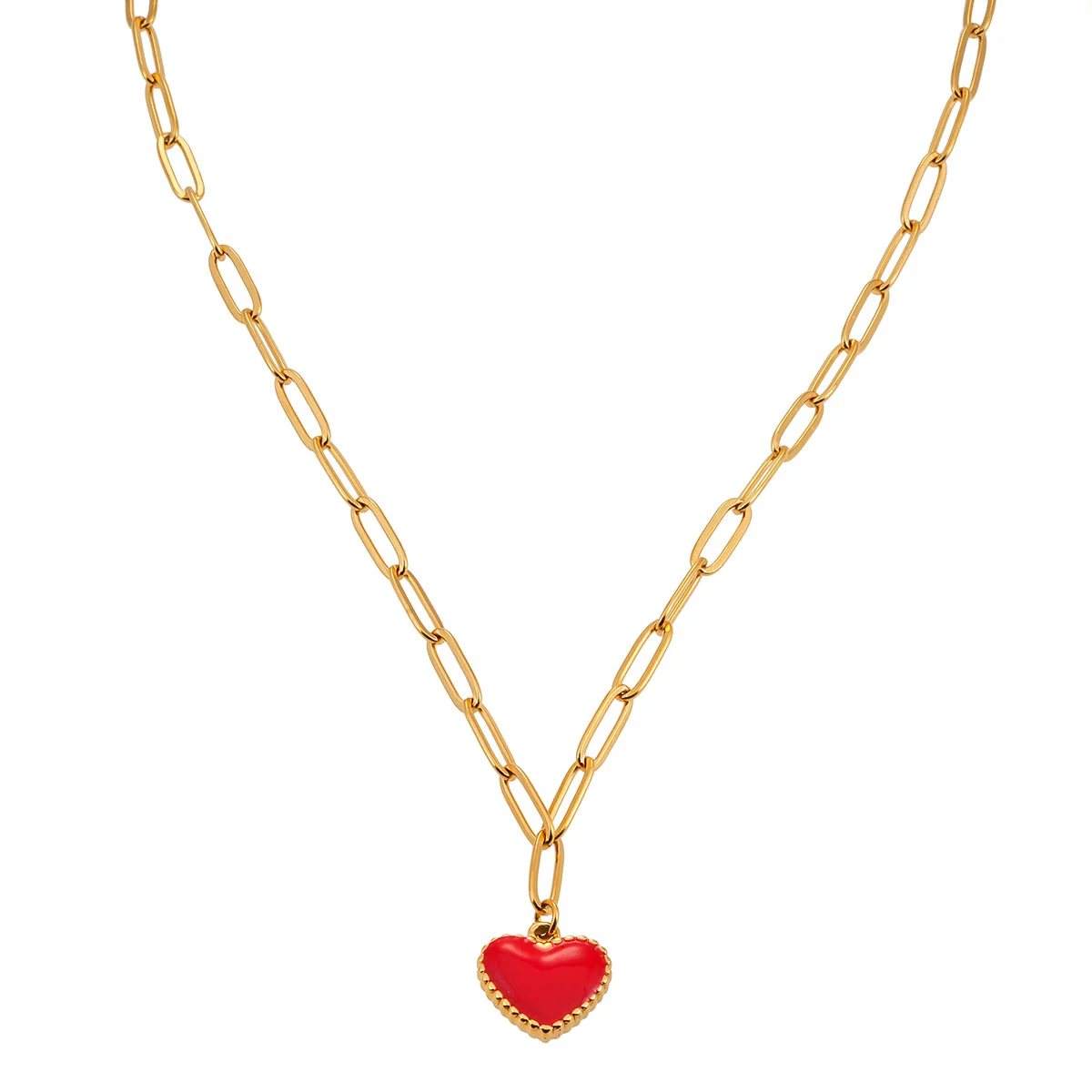 HEART ROUGE Gold: Paper Clip Chain Anchoring an Enameled Red Heart Charm - Image 7